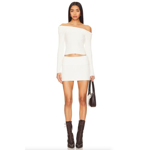 superdown | Ava Skirt Set in Cream Off White Ribbed Knit Top & Mini S - Picture 1 of 7